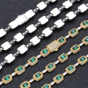 Nuoya Bạc Mạ Baguette Kim Cương Liên Kết Chuỗi Vòng Cổ Với Micro Pave Emerald Zircon Stones Bling Hip Hop Đồ Trang Sức Mỹ - Product Image 5