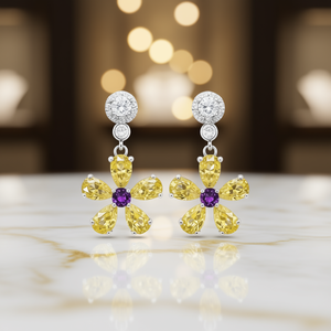 Boucles d'oreilles pendantes E1307 en forme de fleur jaune avec pierres jaunes taillées en poire et pierre centrale violette sertie griffe, bijoux de luxe pour femme - Product Image 2
