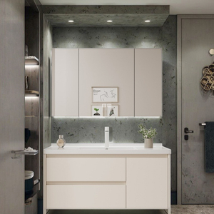 Lavabo de cerámica todo en uno, muebles de tocador de baño, gabinete de espejo de lavado de cara de aluminio con laca de pie - Product Image 4