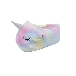Lindo arcoíris unicornio diseño animal felpa interior cálido zapatillas de mujer