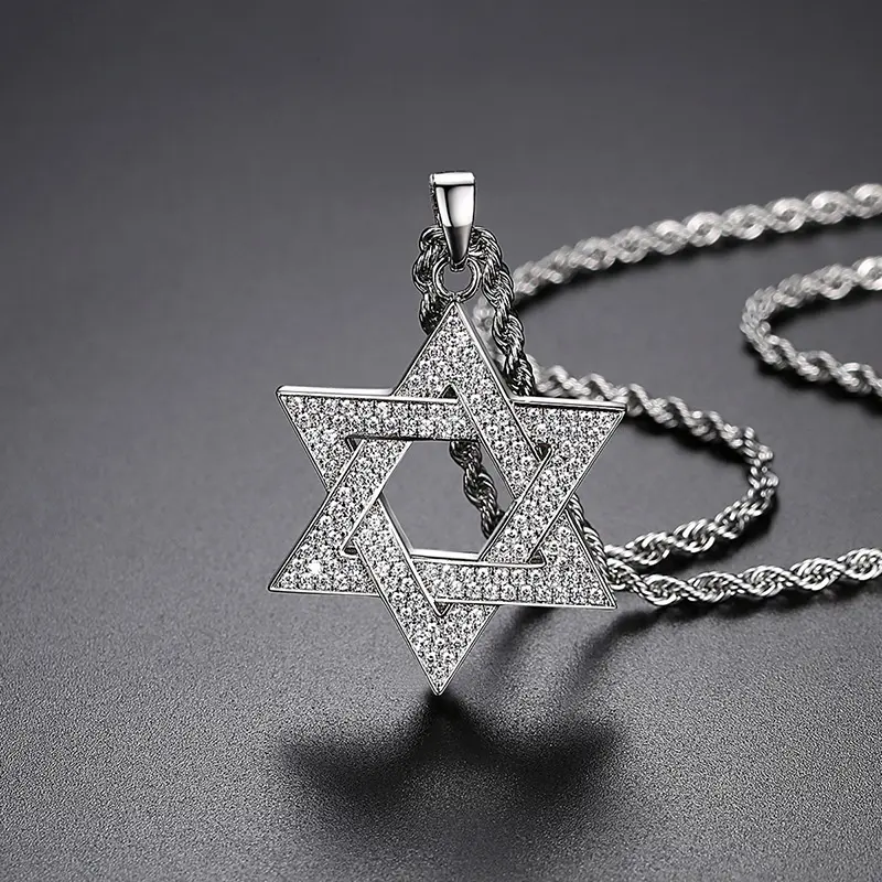 2024 Silber plattiert Kristall-Stern David-Halsband Seilkette Strass Anhänger Halskette für Herren und Jungen