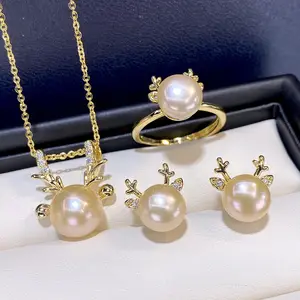 Fashion Design Zircon Deer Horn Natural Freshwater Pink Pearl Jewelry Set Pearl Necklace Earrings Ring Jewellery Set For Women