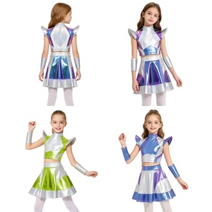 Girls Space Costumes Metallic <b>Crop</b> <b>Top</b> Pleated <b>Skirt</b> Iridescent Shoulder Pads Futuristic Dance Cheer Performance Wear Custom - Product Image 1