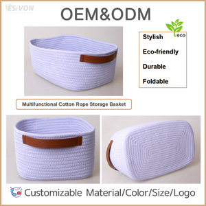 Grand panier de rangement simple en <span class=keywords><strong>corde</strong></span> de coton tressée violet lavande avec poignée en cuir pour la chambre d'enfant, la salle de bain et l'organisation de la maison - Product Image 2