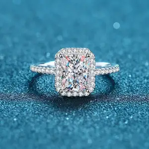 925 Zilver Gesimuleerde Diamant Solitaire Band Ring Vierkant Gevormde Zirkonia Bruids Verlovingsband Ring Voor Vrouwen Halo Belofte