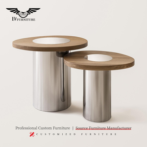 Итальянский минималистичный журнальный столик класса люкс с регулировкой и возможностью индивидуального заказа, из массива североамериканского дерева с мраморной столешницей и металлическим каркасом - Product Image 1