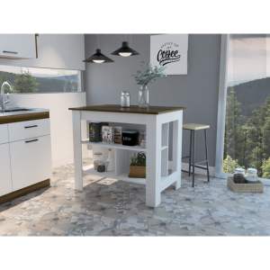 Isla de cocina moderna DB Cala con cuatro patas de roble y tres estantes disponibles en diseño Blanco/nogal - Product Image 1