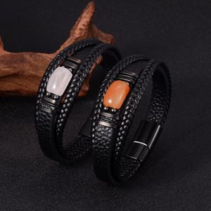 One Man Multi Layer Leather Bracelet Stainless Steel <b>Magnetic</b> <b>Clasp</b> Retro Men's Jewelry Tiger Eye Stone Bracelet - Product Image 3