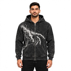 Men Acid Washed Zipper Hoodie 400GSM Soft Cotton Fleece Street Style Hoodie Custom OEM Private Label Factory - Product Image 1