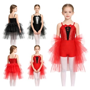 Costume de danse tutu à sequins pour filles, justaucorps style smoking avec nœud papillon et jupe en tulle à ourlet asymétrique, pour spectacle de danse, sur mesure - Product Image 1