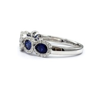Bijoux fins Anniversaire Mariage Haute qualité Or blanc massif 18 carats Véritable diamant Pierre précieuse Saphir bleu ovale Demi-alliance Cadeau