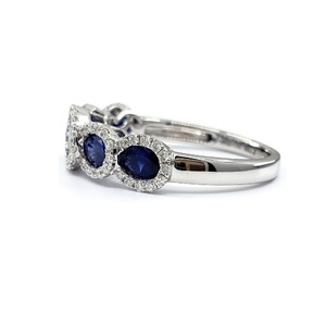 Bijoux fins Anniversaire Mariage Haute qualité Or blanc massif 18 carats Véritable diamant Pierre précieuse Saphir bleu ovale Demi-alliance Cadeau - Product Image 3