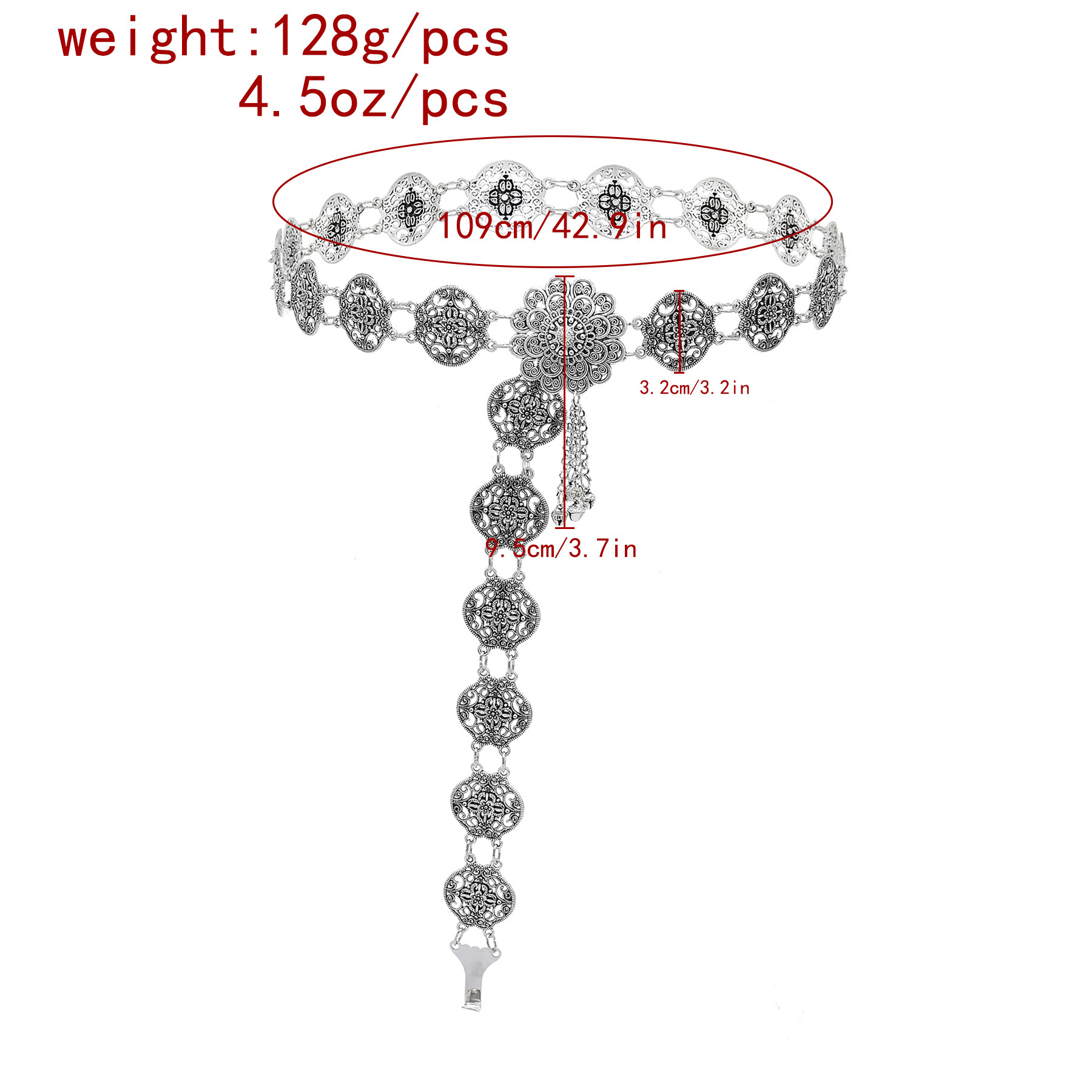 Bohemian Silver Plated Carved Flower Bell Tassel Dance Waist Chain