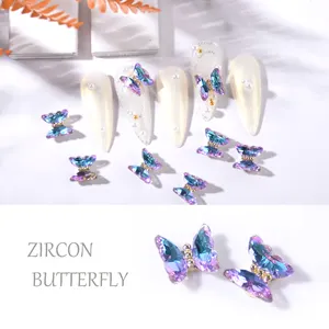 10 Buah/Tas 3D Kristal Kupu-kupu Nail Art Charms Aurora Kaca Bening Berlian Imitasi AB Warna Aloi Mengkilap