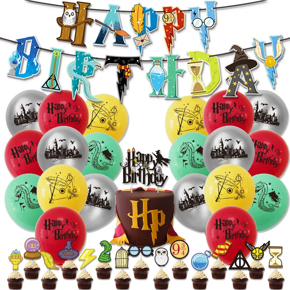 Harries Balloons Cartoon Magic Theme Ballons Owl School Flag Happy Birthday Banner Party Decorations Cake Toppers Kids K0026