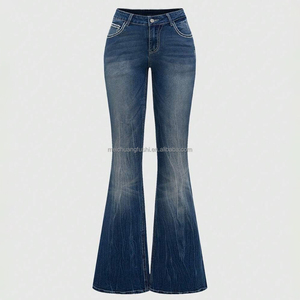 Jeans évasés personnalisés avec strass pour femmes, pantalon en denim vintage brodé en croix, taille haute, coupe <span class=keywords><strong>bootcut</strong></span>, fabricant OEM - Product Image 3