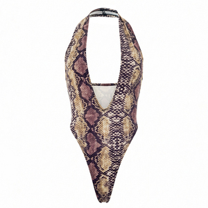 Viviblook J26BS204 Women Summer <b>Bodysuit</b> New Sexy Sleeveless Snake Print Deep <b>V</b>-<b>Neck</b> Printed Halter Backless <b>Bodysuit</b> - Product Image 4