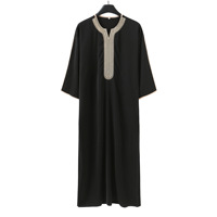 Jubba Marocaine pour Hommes, Thobe Arabe Caftan Fait Main, Longue Robe Bleu Marine avec Délicate Broderie Blanche
