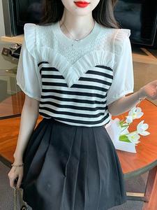 Vêtements pour femmes Mode estivale Patchwork coréen Couleurs contrastées Col en O Femme All-match Fashionable Striped Short Sleeve Tops - Product Image 2