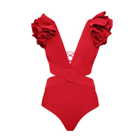 Nouveau maillot de bain une pièce de luxe de couleur unie maillot de bain rétro à volants col en V taille