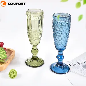 Wholesale Vintage Style Custom Color Diamond embossed blue glass goblet for party wedding cup