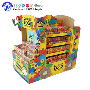 Support <span class=keywords><strong>d</strong></span>'affichage au sol en carton en forme de bus scolaire personnalisé pour les jouets pour enfants, la papeterie, les puzzles, l'affichage en papier ondulé pour la vente au <span class=keywords><strong>d</strong></span>étail - Product Image 1