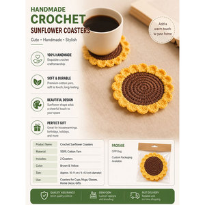 Posavasos de Girasol Hechos a Mano, de Hilo de Algodón Marrón y Amarillo, 10-11 cm de Diámetro, Venta en Línea, para Tazas, Decoración del Hogar - Product Image 1