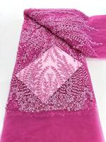 Nouvelle séquence de tissu en dentelle de tulle africain brodé de perles colorées faites à la main, avec des paillettes, pour robe de mariée ou de soirée