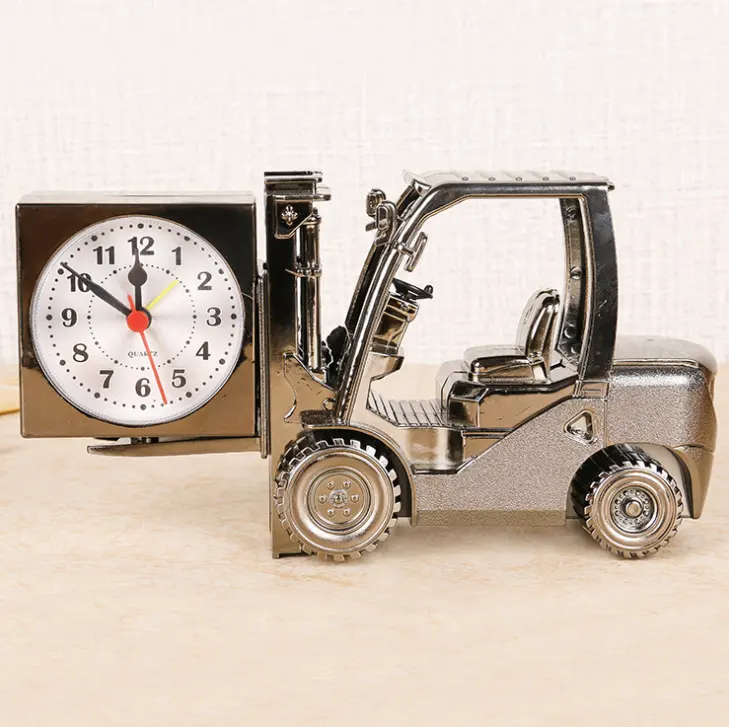 9inch 23cm Hot Selling Art and Craft Cartoon Design Silver Fork Lift Truck Cheap Small Desk Clocks for Kid's Table