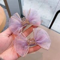 Barrette latérale en tulle et strass avec nœud couronne tridimensionnel pour enfants et filles, accessoires de cheveux de mariage