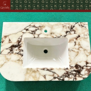 GOLDKING Meuble-lavabo moderne en marbre Calacatta Viola pour salle de bain, avec vasque, finition blanc crème, veines marron, bord cannelé, découpe CNC de précision - Product Image 6