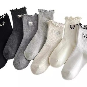 Women's Ruffled Slouch <b>Socks</b> Bow Pattern Mid-Calf Breathable Sweat-Absorbing Polyester Fiber Casual <b>Socks</b> For Youth - Product Image 5