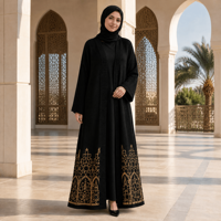Abaya noire tricotée sur mesure pour femme, broderie dorée, devant ouvert, manches longues, robe kaftan musulmane, tenue modeste du Moyen-Orient, fabrication usine