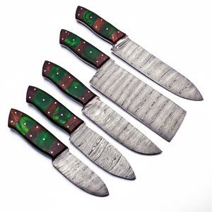 Juego de chef de 5 piezas de Damasco hecho a mano personalizado OEM nuevo al por mayor con cuchillo de cocina personalizable y Funda de cuero para chef - Product Image 1
