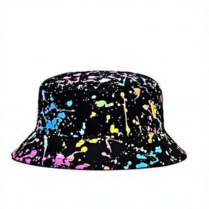 Unisex Bucket Hat Black With Colorful <b>Paint</b> Splatter Pattern Street Style Casual Spring Summer Adult Wear - Product Image 1