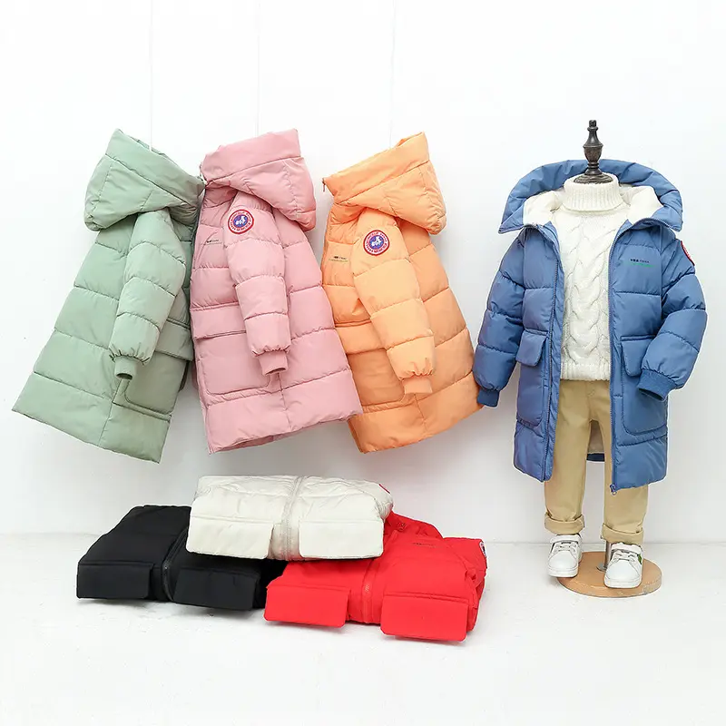 Wholesale girls thickened hooded cotton coat winter kids mid-length children clothing boys and girls cotton coat for kid