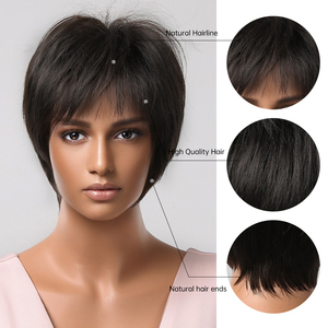 Peluca de cabello sintético estilo Afro para uso diario, pelo corto recto con flequillo <span class=keywords><strong>Pixie</strong></span>, corte Bob en capas, color negro y marrón, resistente al calor - Product Image 2