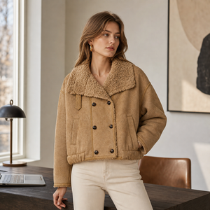 Vintage Lapel Faux Suede Short Coat, 30% Wool Composite Lining Thick Windproof Women Aviator <strong>Jacket</strong> - Product Image 1