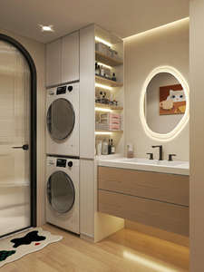 Gabinetes de baño personalizados de fábrica con lavadoras Prácticos tocadores de baño de madera con gabinete de almacenamiento de luces LED - Product Image 4