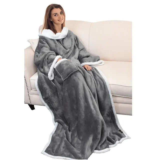Original factory Super Soft Warm Large Fleece Plush TV Throws Wrap sherpa Blanket Wearable Blanket with Sleeves