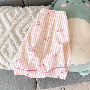 Conjunto de Pijama Listrado com Laço, Respirável, de Comprimento Total, para Meninas, Manga Curta, Três Peças, Leve, Efeito Amassado, Verão - Product Image 4
