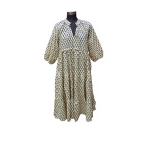 A2ZCraftBazar Women 100% Cotton Floral <b>Print</b> Midi Dress V-Neck Puff Sleeve Loose Fit Casual Daily Wear Breathable Color <b>Block</b> - Product Image 1