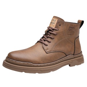 Bottes Martin pour hommes, à bout rond, talon plat, en cuir véritable, imperméables, semelle extérieure en caoutchouc, à lacets, style uni, automne-hiver - Product Image 5
