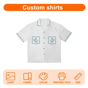 2024 Customized Men's Retro High Street Versatile Pure Cotton Embroidered Casual Short Sleeved Cuban Collar Shirt