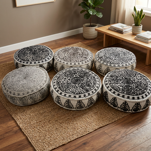 Puf de Suelo Decorativo Artesanal con Diseño Étnico Indio Bordado, Estilo Bohemio, Venta al Por Mayor de Comercio Justo - Product Image 2