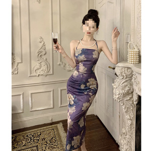 Printed Halter Neck Bodycon Dress Floral Print Slim Fit Cocktail Dress Women's Elegant Long Dress Spring Style - Product Image 1