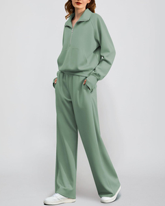 Sweat-shirt décontracté à demi-fermeture éclair pour femmes et ensemble de pantalons de survêtement à jambes larges - Product Image 4