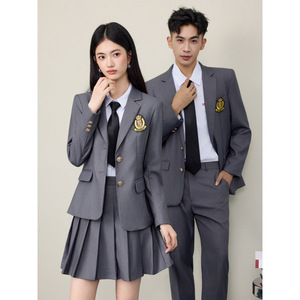 Grey Preppy Style Unisex Suit Set High School Uniform Autumn Winter Fashion Short Skirt Polyester Fabric No-Wrinkle Treatment - Product Image 1