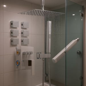 Sistema de Ducha de Lluvia Cromado para Techo, 10 Pulgadas, 6 Chorros de Agua, 2 Rociadores de Mano, 3 Funciones, Cabezal de Ducha para Baño - Product Image 2