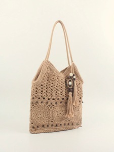 Bolso de Hombro de Algodón Tejido con Cuentas de Madera y Borla - Bolso Versátil para Mujer, Ideal para la <span class=keywords><strong>Playa</strong></span> y Vacaciones - Product Image 1